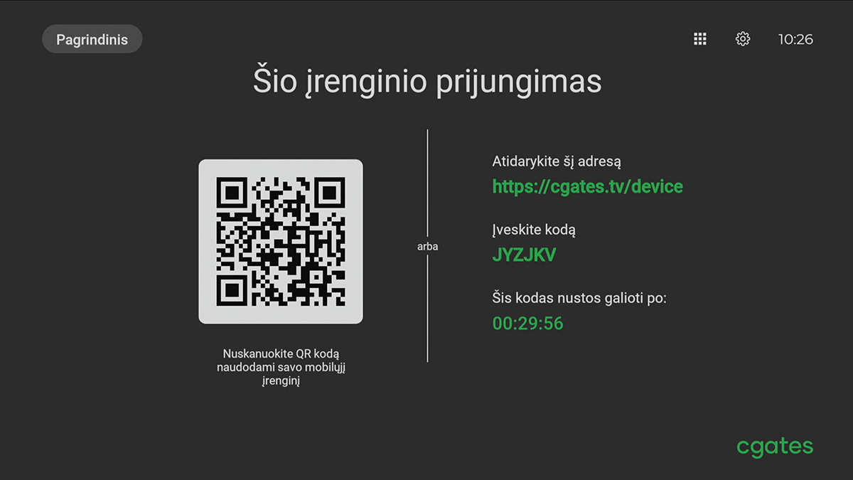 Cgates TV prisijungimas QR kodu / kompiuteriu Cgates TV prisijungimas QR kodu / kompiuteriu